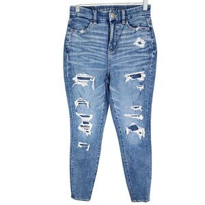 Womens American Eagle Dream Jean Denim Blue Curvy Hi Rise Jegging Distressed 0